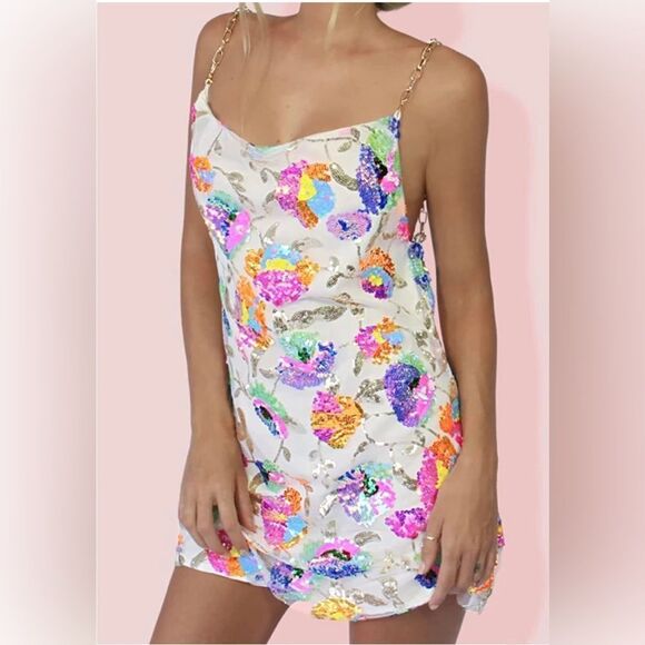 NWT Sisters The Label Kitty Slip Mini Dress - Tropical White & Pearl Silk - Picture 2 of 6